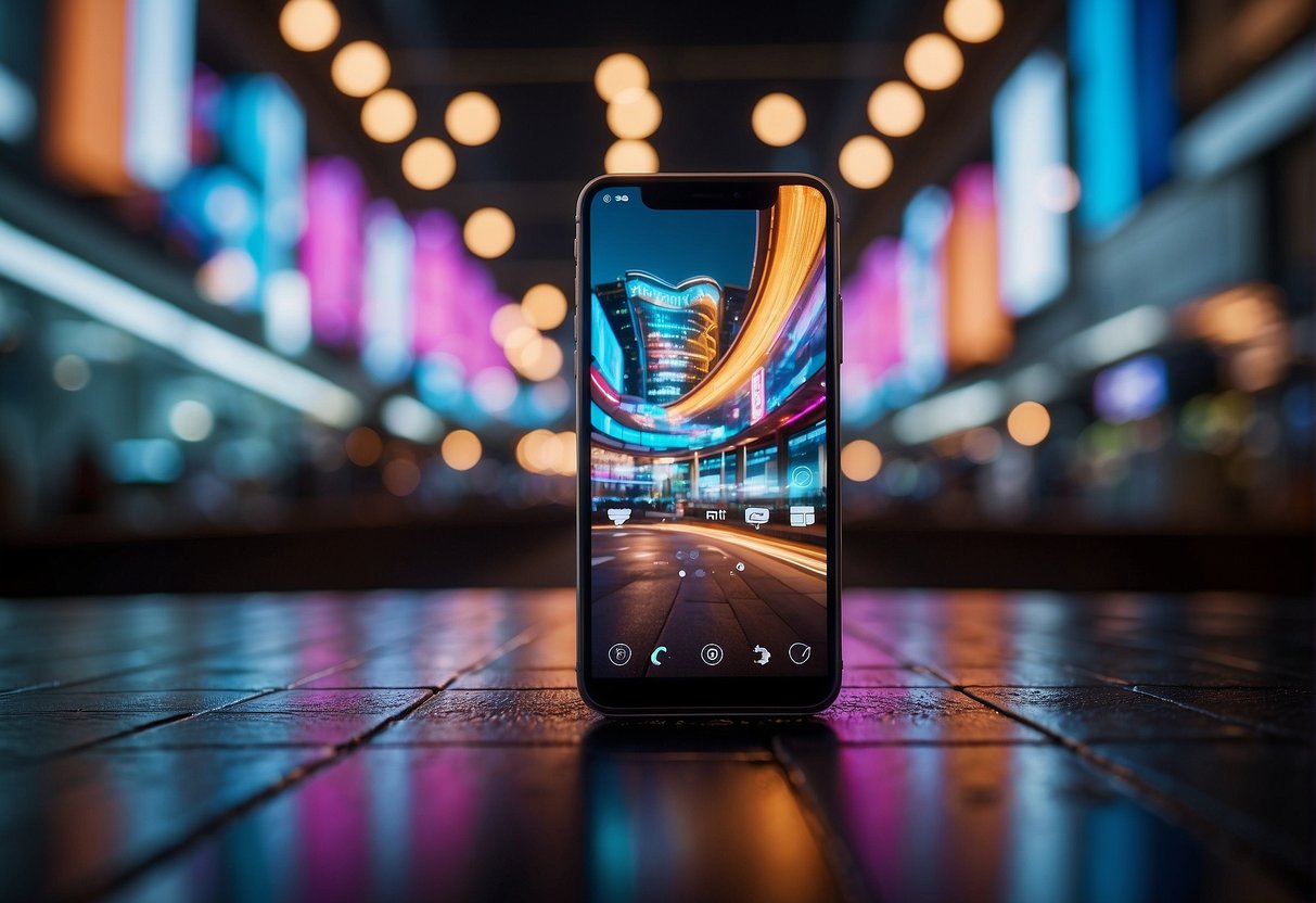 A bright mobile phone surrounded by flashing promotional banners and text, with a sense of urgency and excitement