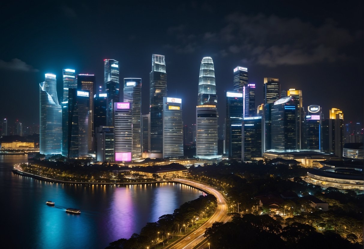 Brightly lit Singapore skyline with digital billboards showcasing credit card rewards and discounts. Flashing deal promotions illuminate the city streets below