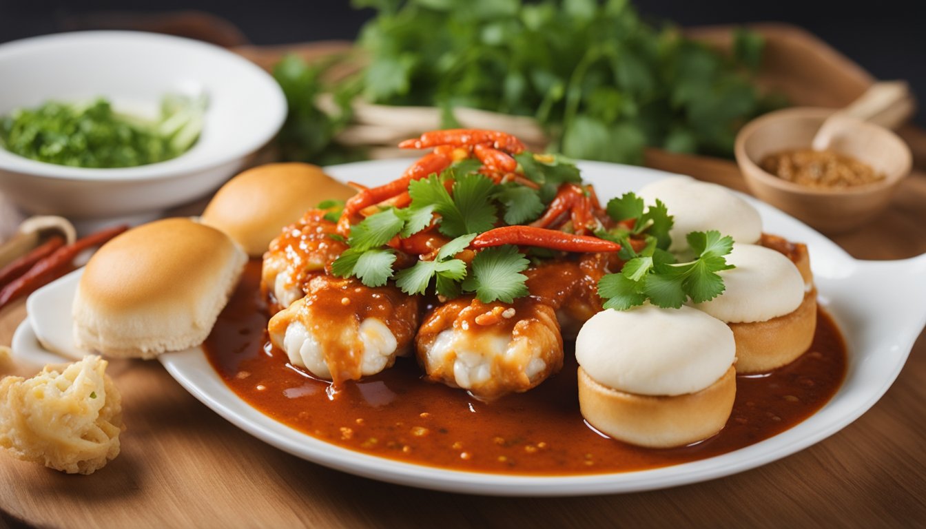 A plate of chilli crab sauce being drizzled over a steaming crab, with a side of fried mantou buns and a garnish of fresh cilantro