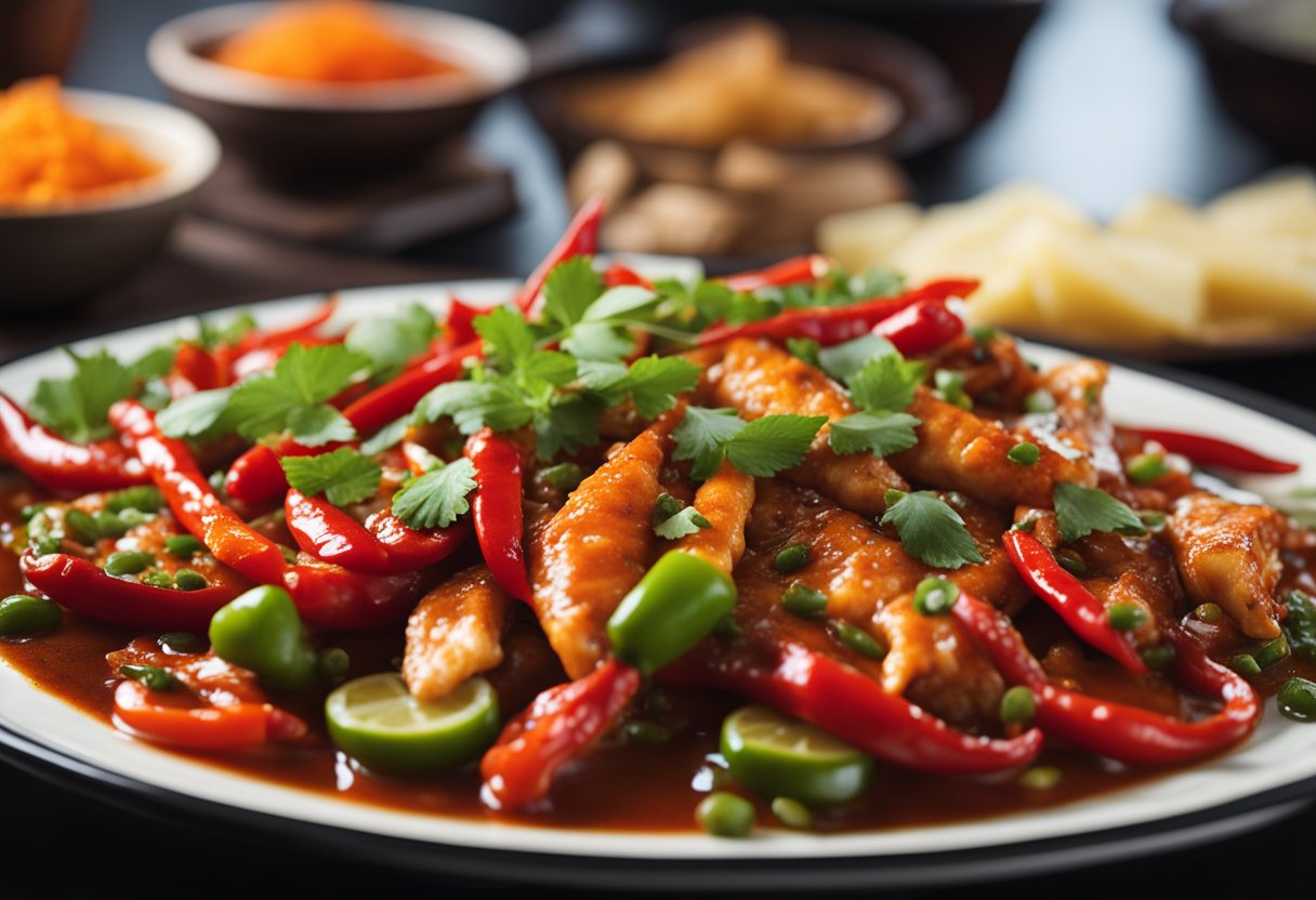 A sizzling hot plate of chilli fish with vibrant red and green peppers, sizzling in a pool of spicy sauce