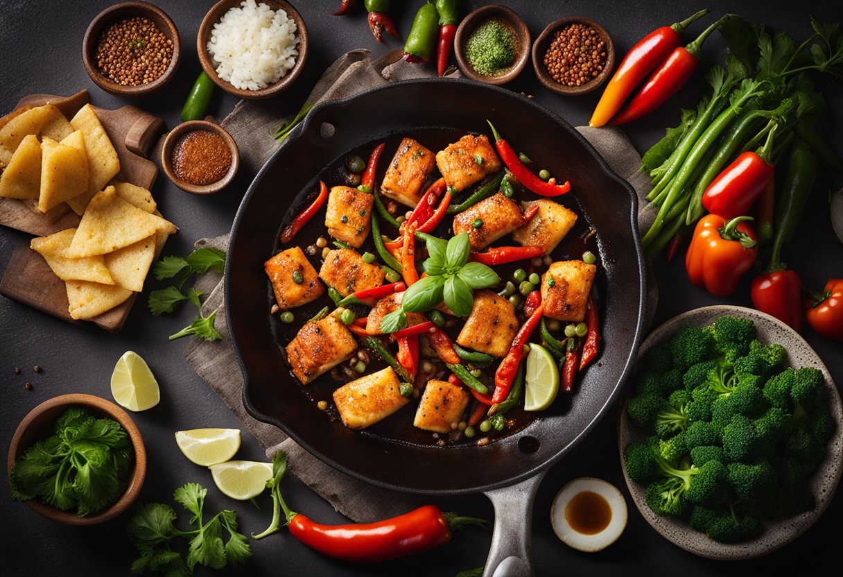 A sizzling skillet of chilli fish being prepared and served with a side of vibrant vegetables and aromatic spices