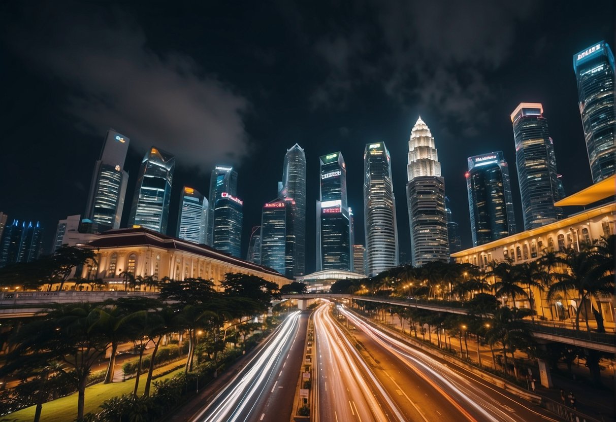 Vibrant cityscape with iconic landmarks and bustling streets of Singapore. Bright lights and colorful advertisements for fresh promotions line the busy urban scene