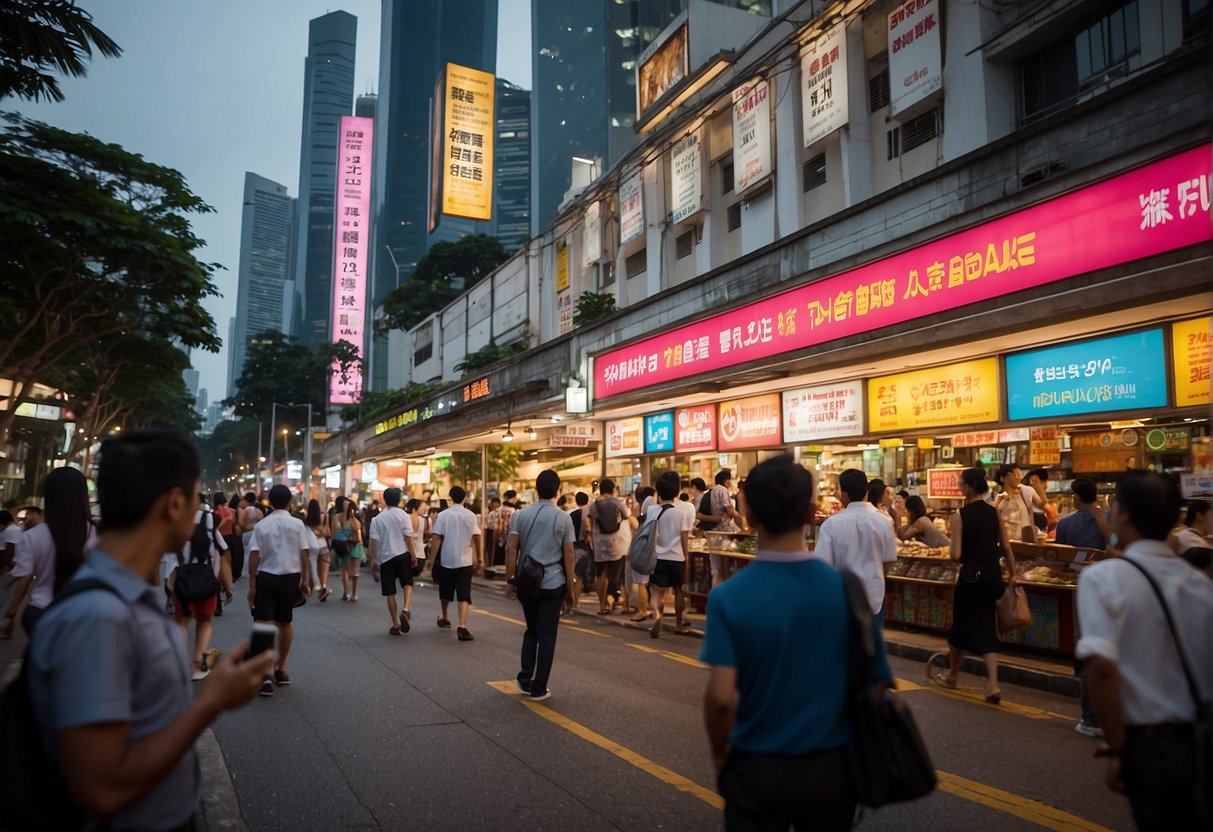 A bustling Singapore street with bright signs advertising "Frequently Asked Questions" flash deal promotions. Pedestrians pass by, some pausing to read the enticing offers