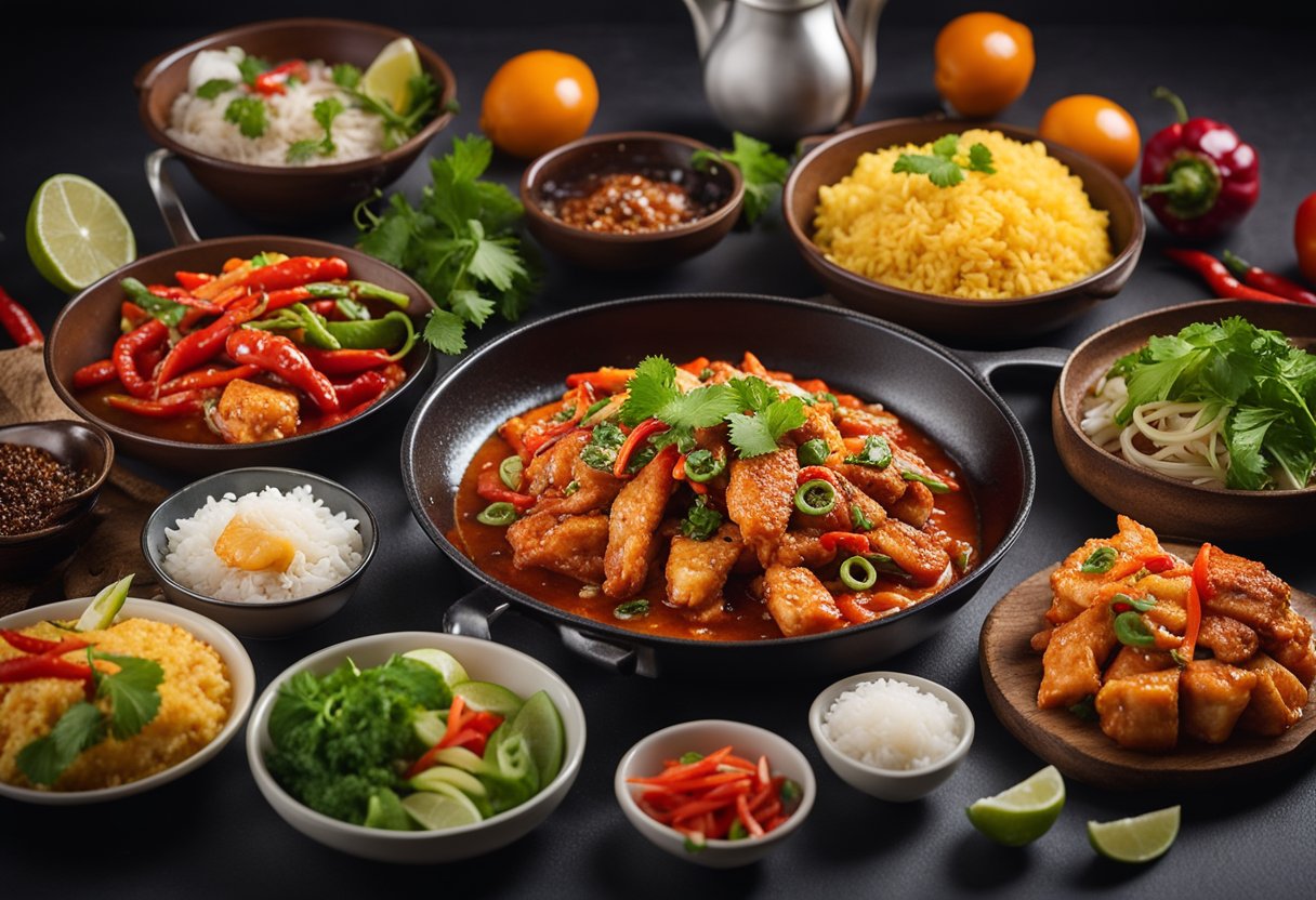A sizzling hot plate of chilli fish with steam rising, surrounded by colourful garnishes and a side of rice
