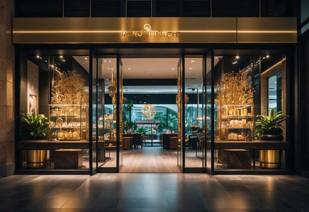 A luxurious storefront in Singapore showcases Exclusive 2024 Promotions, with vibrant colors and sleek designs