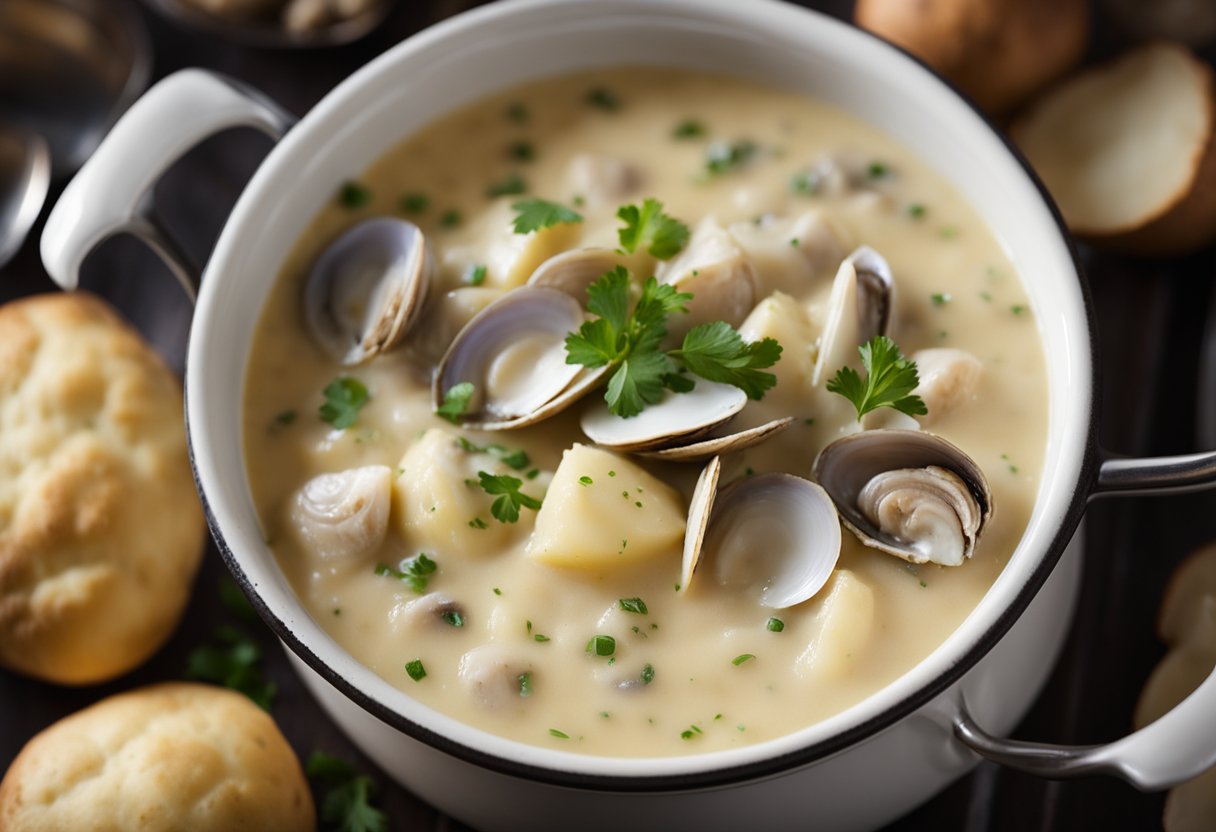 A pot of creamy clam chowder simmers on a stovetop, steam rising. Chunks of tender potatoes and juicy clams float in the rich, savory broth