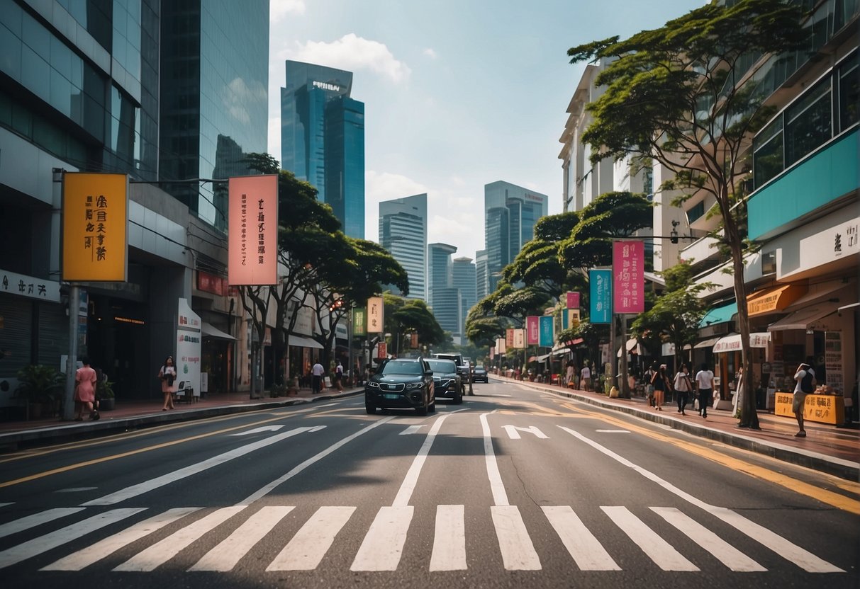 A bustling city street with colorful signs advertising leisure and lifestyle promotions in Singapore