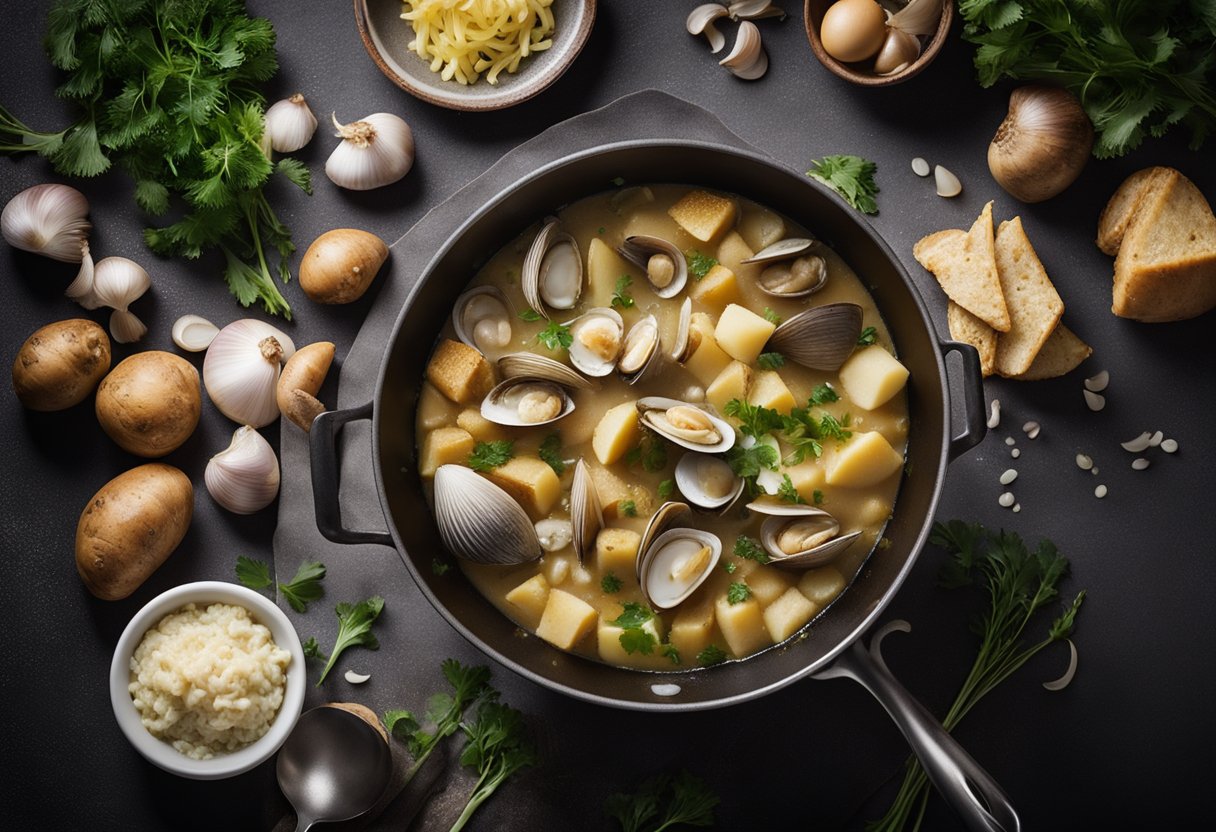 A pot simmering with clams, potatoes, and onions. A chef adds cream and seasoning, stirring the chowder. Ingredients surround the pot