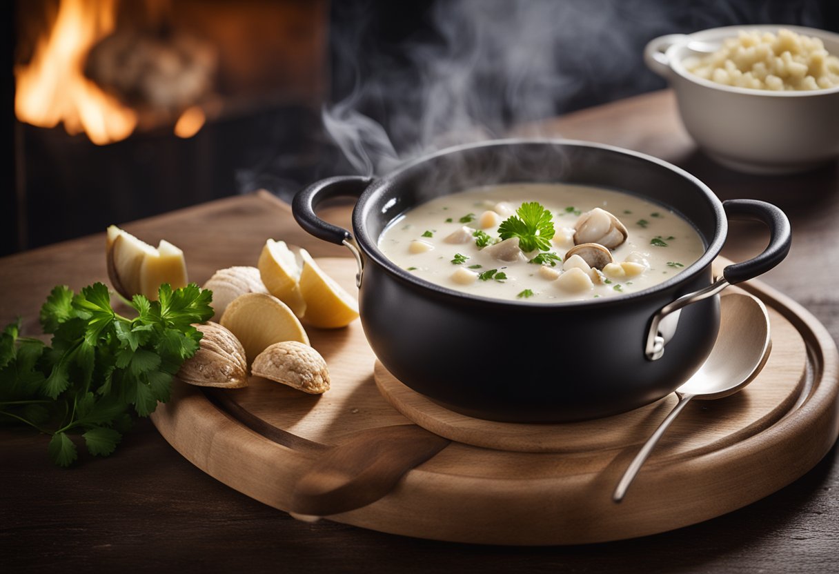A pot of clam chowder simmers on a stovetop. A ladle rests on the edge, steam rising. A bowl of chowder sits on a wooden table, garnished with parsley