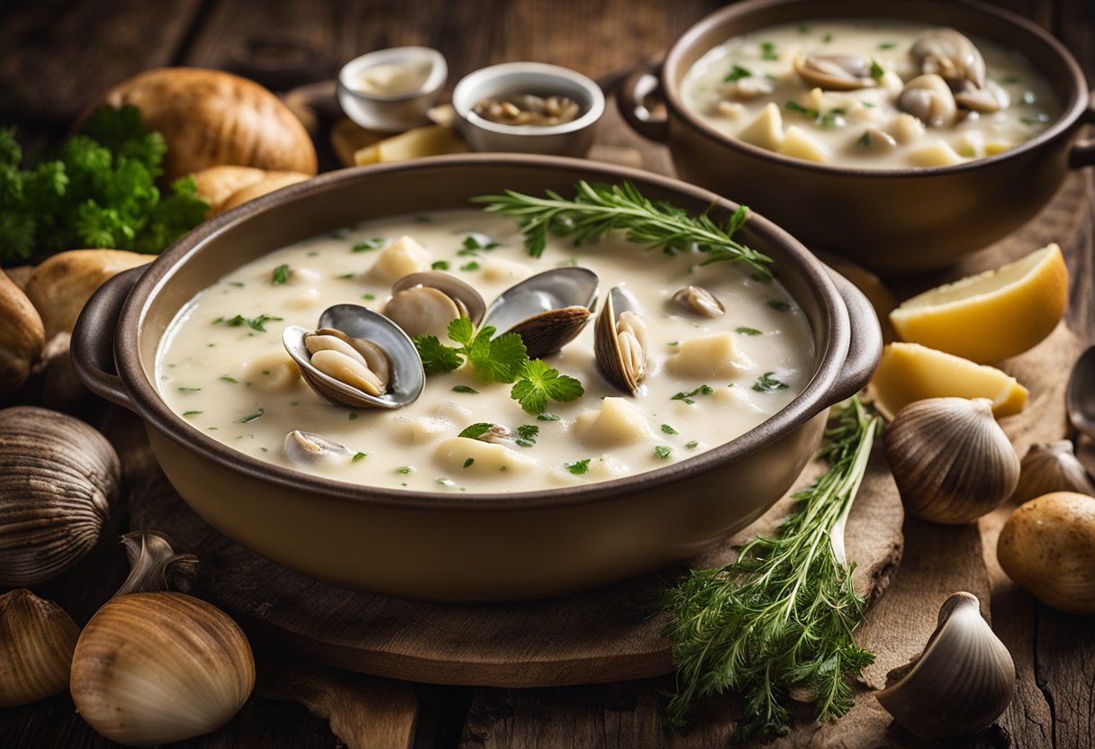 A steaming pot of clam chowder sits on a rustic wooden table, surrounded by fresh ingredients like clams, potatoes, and herbs