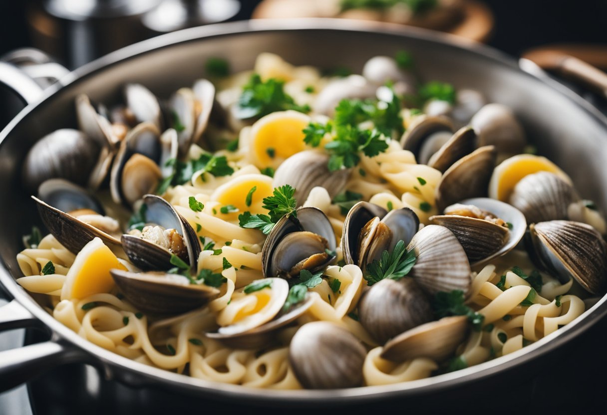 A pot of boiling water with clams, garlic, and herbs. A chef's hand tosses pasta in a pan with a creamy sauce