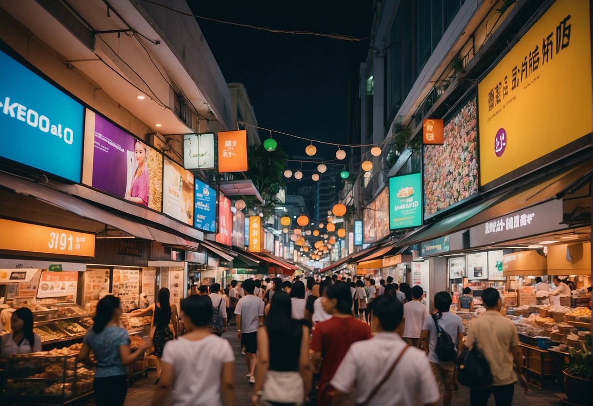 A bustling Singapore street with colorful G2000 promotions signs and busy shoppers browsing the storefronts