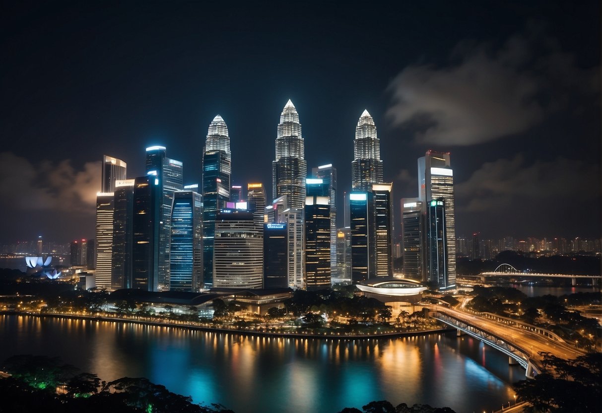 City skyline with iconic landmarks, bustling streets, and vibrant lights, showcasing the energy and diversity of Singapore's urban landscape