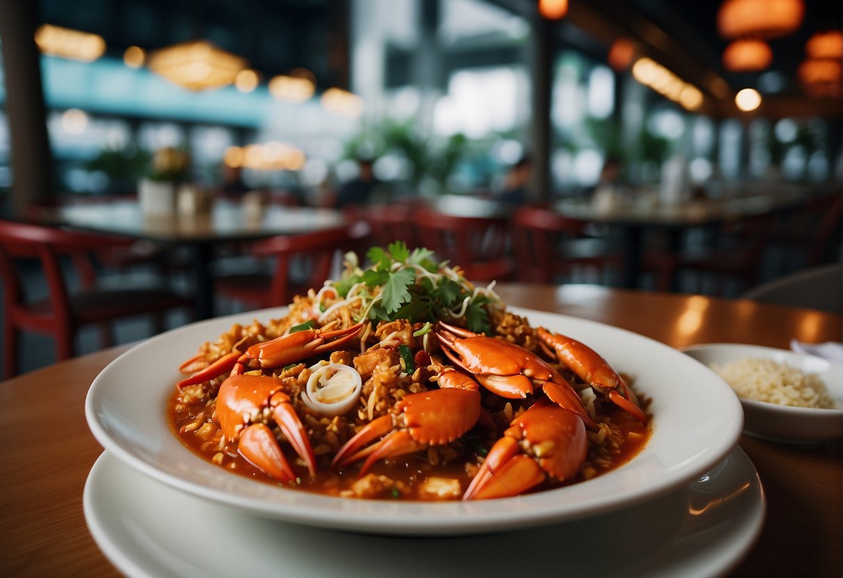A table set with chilli crab, promotional signs, and a bustling Singaporean restaurant in the background