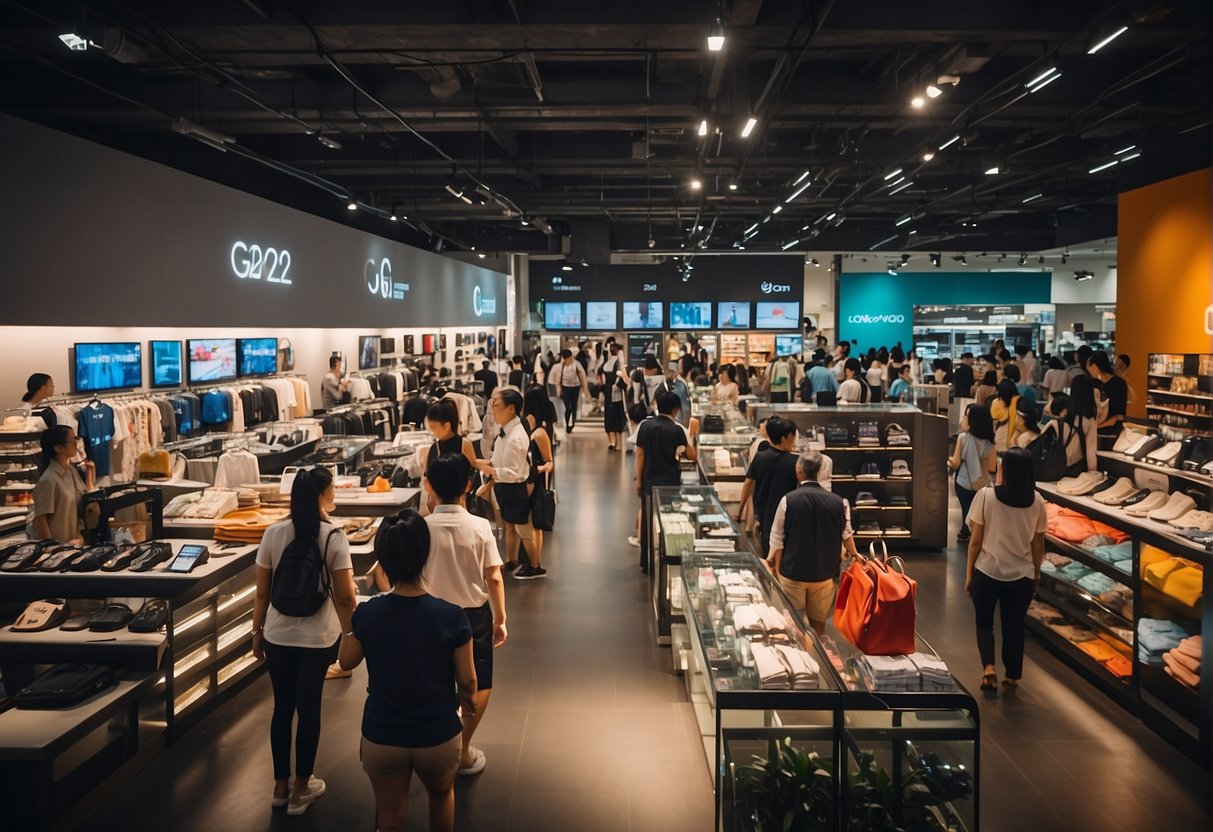 A crowded store with colorful promotional displays and signage for g2000 promotions in Singapore. Customers browse through racks of clothing and accessories