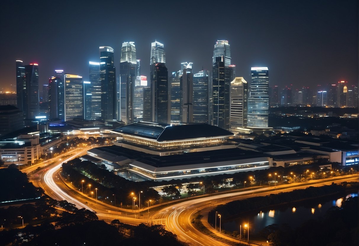 A bustling city skyline with bright lights and digital billboards showcasing the latest technology promotions in Singapore