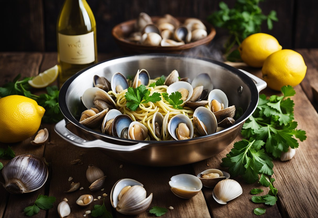 A steaming pot of vongole pasta, with clams, garlic, and parsley, sits on a rustic wooden table, surrounded by scattered lemon wedges and a bottle of white wine