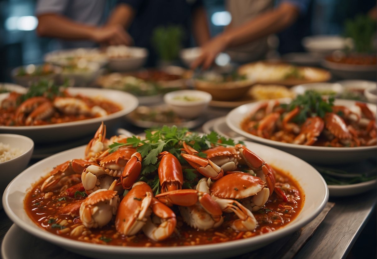 A table filled with steaming chilli crab dishes, surrounded by eager diners in a bustling Singapore seafood restaurant