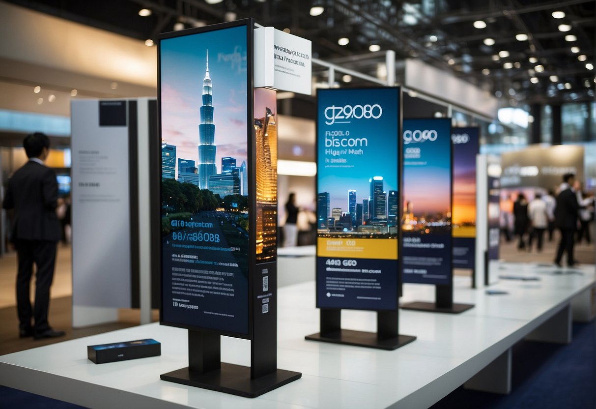 A colorful display of promotional materials for g2000 in Singapore, with banners, posters, and brochures neatly arranged on a stand