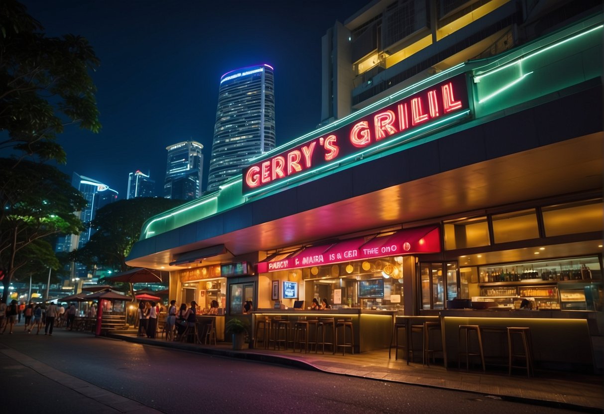 The vibrant neon sign of Gerry's Grill illuminates the bustling streets of Singapore, drawing in crowds with its enticing promotions and mouthwatering aromas