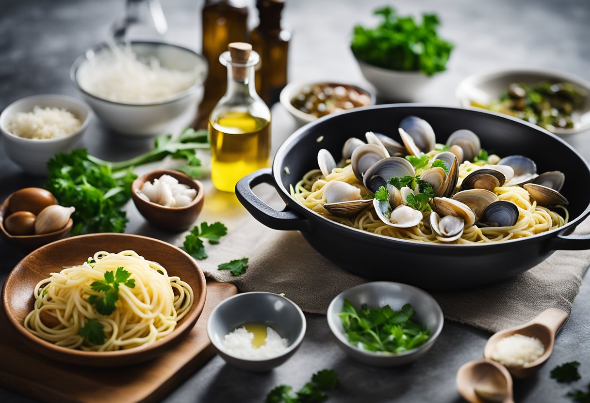 A pot of boiling water, fresh clams, garlic, olive oil, and parsley on a cutting board, and a bowl of spaghetti ready to be cooked