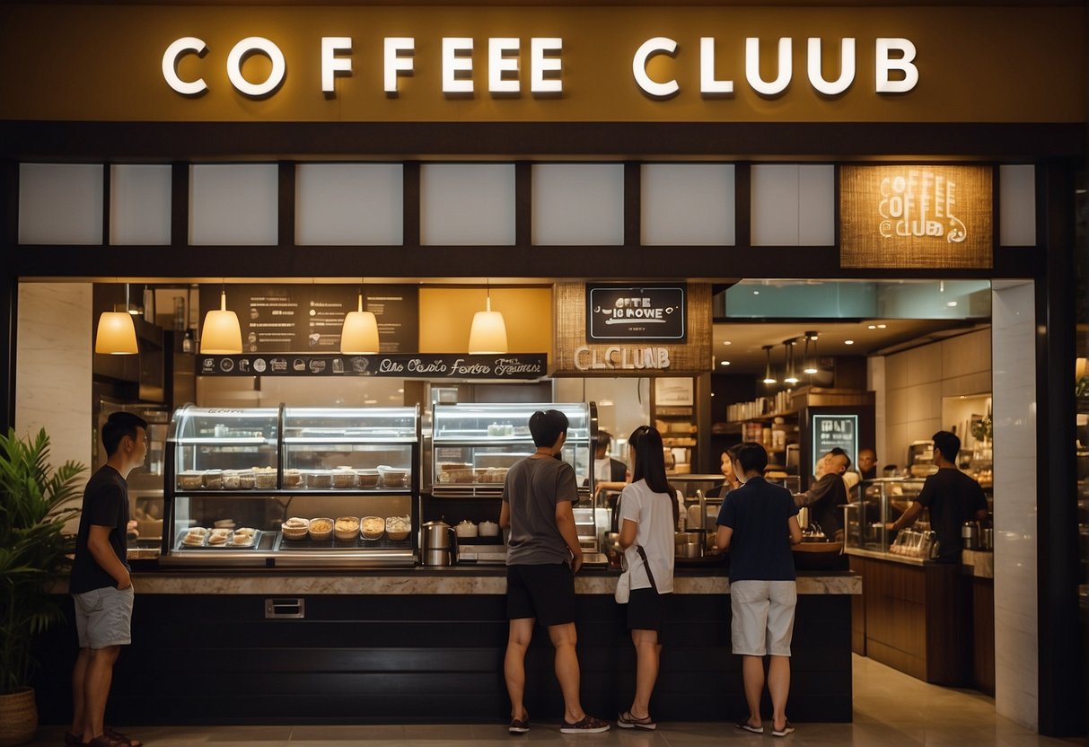 A bustling cafe with "Coffee Club" signage, vibrant promotional posters, and a queue of customers in Singapore