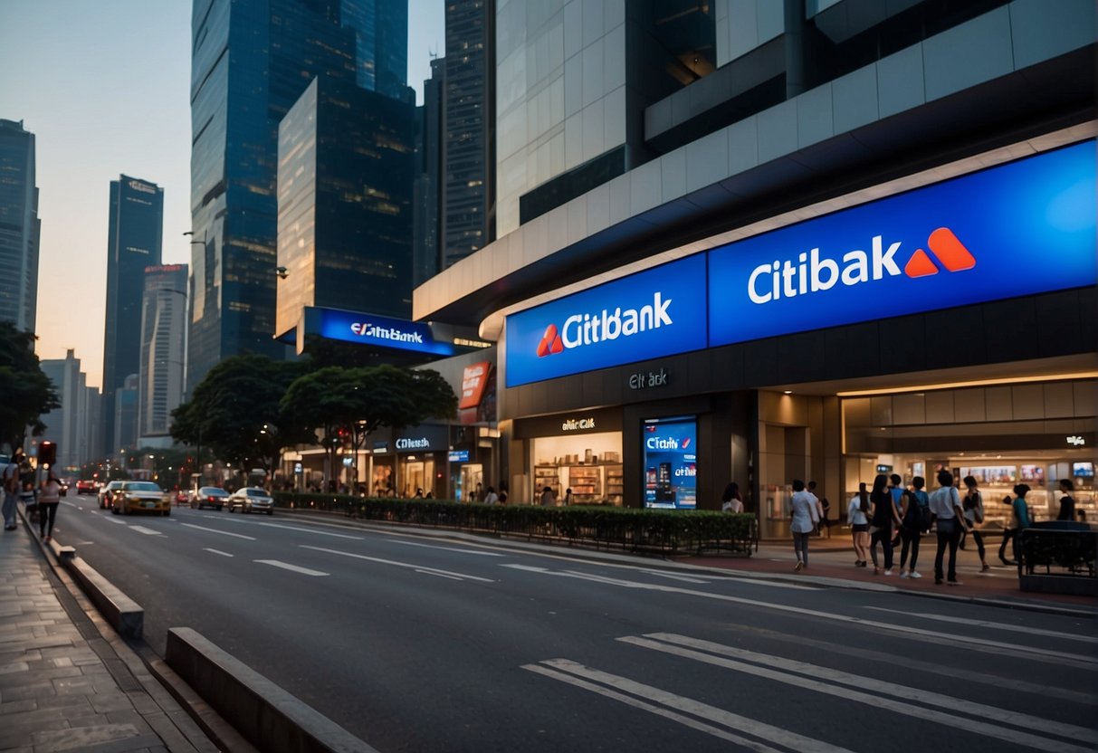 A bustling city street with Citibank logos on billboards and storefronts, showcasing exclusive promotions for 2024 in Singapore