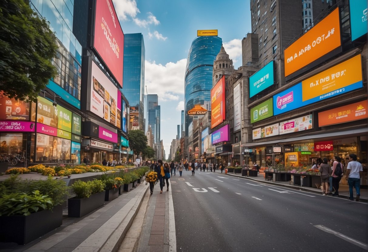 A bustling city street with colorful health and personal care promotions displayed on billboards and storefronts, attracting the attention of passersby