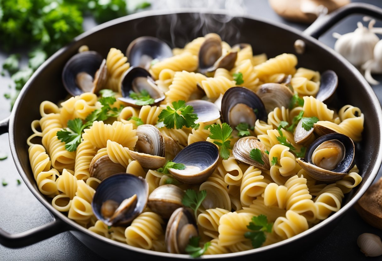 A pot boils pasta. Another pan cooks garlic, clams, and white wine. Both are combined with parsley and served