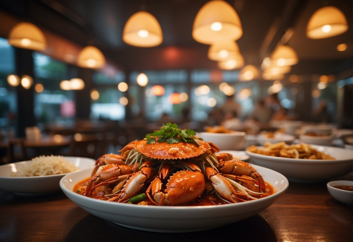 A table set with steaming chilli crab dishes, promotional banners, and a bustling Singaporean restaurant backdrop