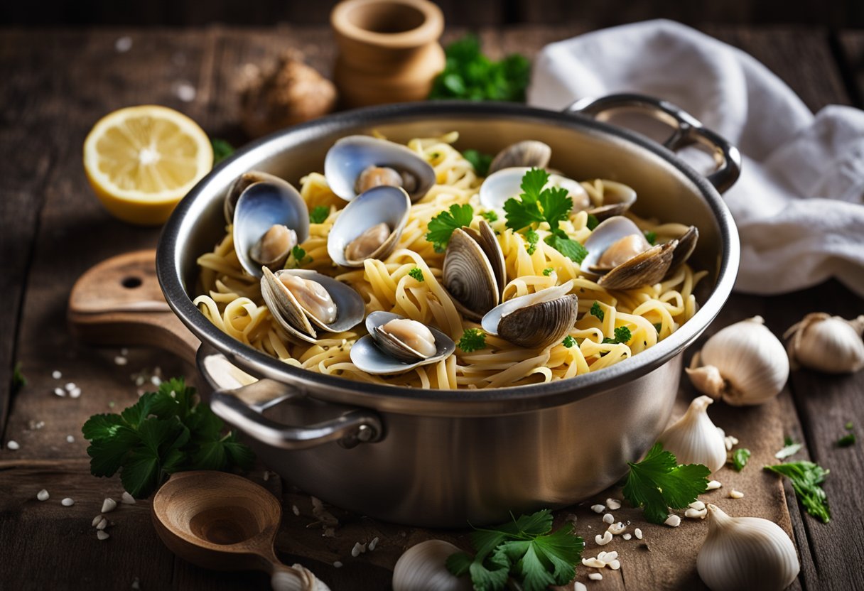 A steaming pot of clam vongole pasta sits on a rustic wooden table, surrounded by scattered ingredients like garlic, parsley, and chili flakes