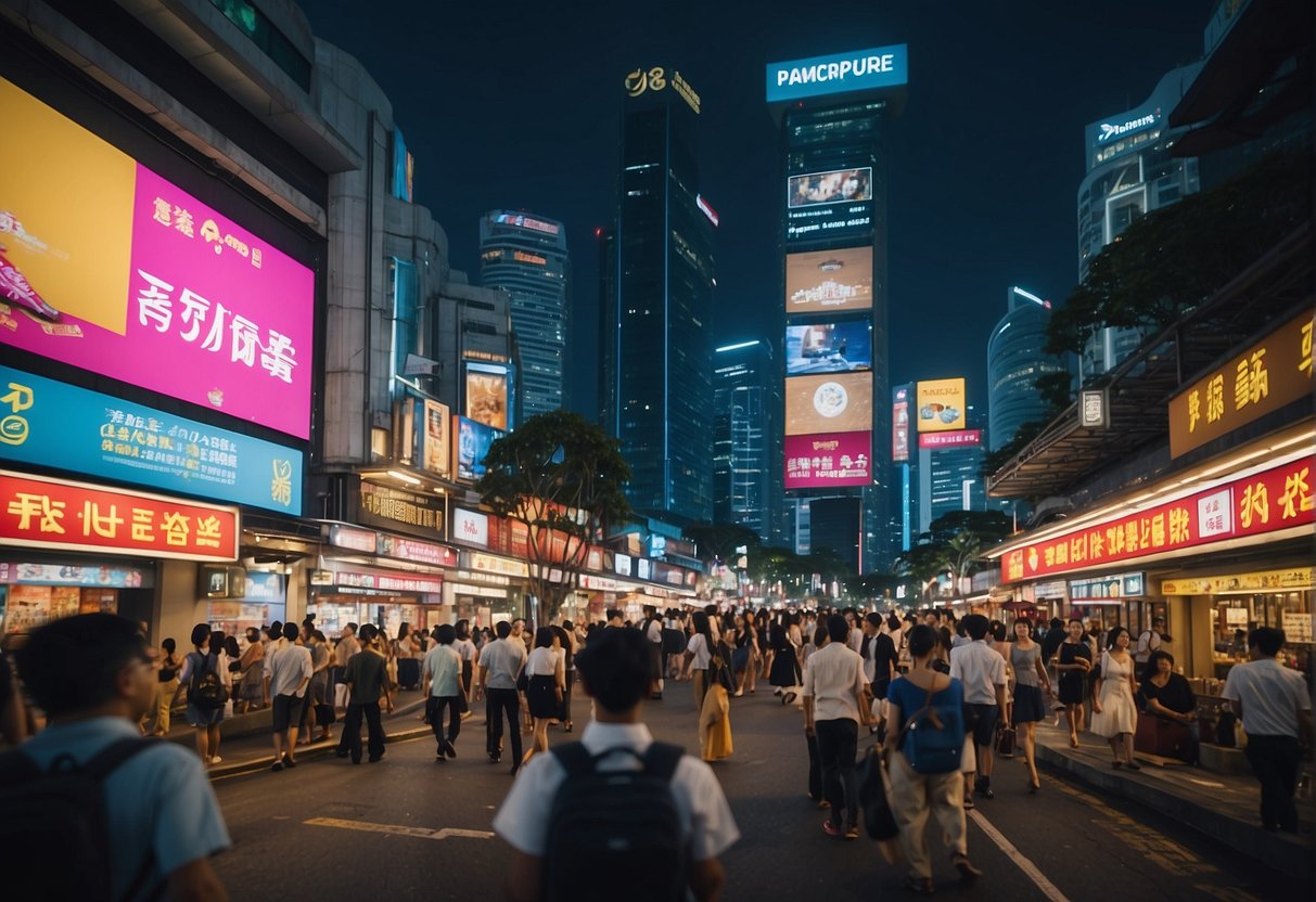A bustling city street with bright billboards and crowded shops, featuring signs promoting frequently asked questions about Singapore