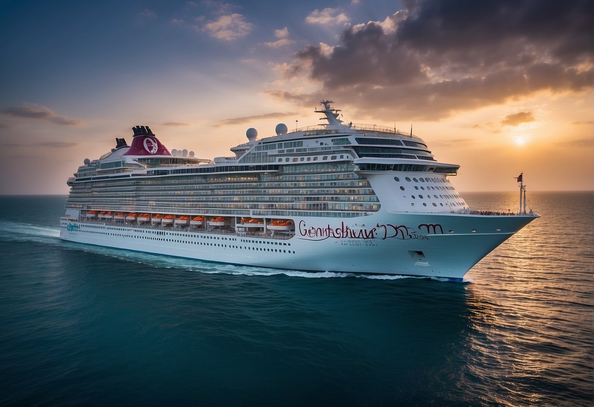 The luxurious Genting Dream cruise ship sails through the sparkling waters, adorned with 2024 promotions and attracting attention in Singapore