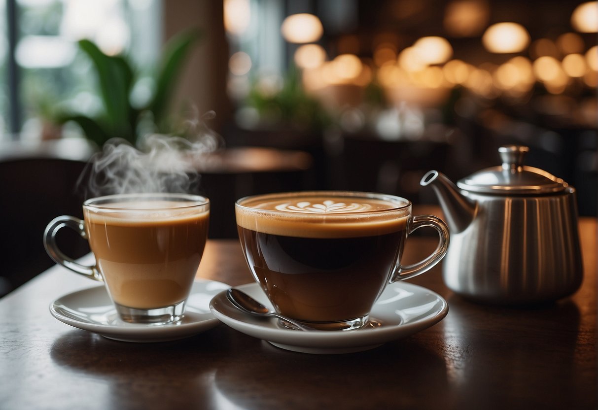 A cozy cafe setting with steaming cups of coffee and tea, accompanied by promotional materials for a coffee club event in Singapore