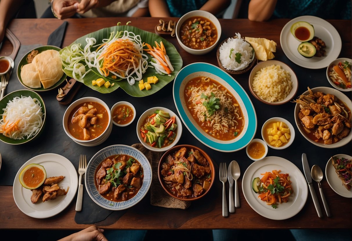 A table set with traditional Filipino dishes, adorned with colorful decorations and surrounded by eager diners at Gerry's Grill promotions in Singapore