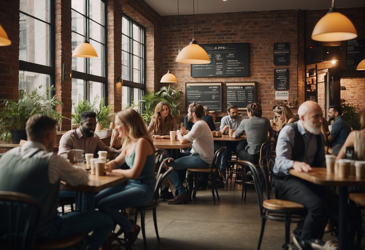 A bustling coffee shop with a prominent "Frequently Asked Questions" sign, surrounded by promotional materials and a diverse group of customers enjoying their drinks