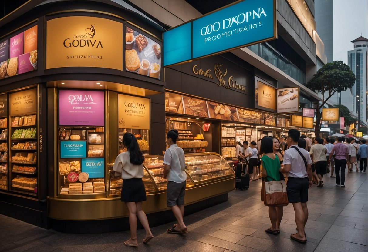 Colorful banners and signs adorn a bustling street in Singapore, showcasing the luxurious and indulgent offerings of Godiva promotions