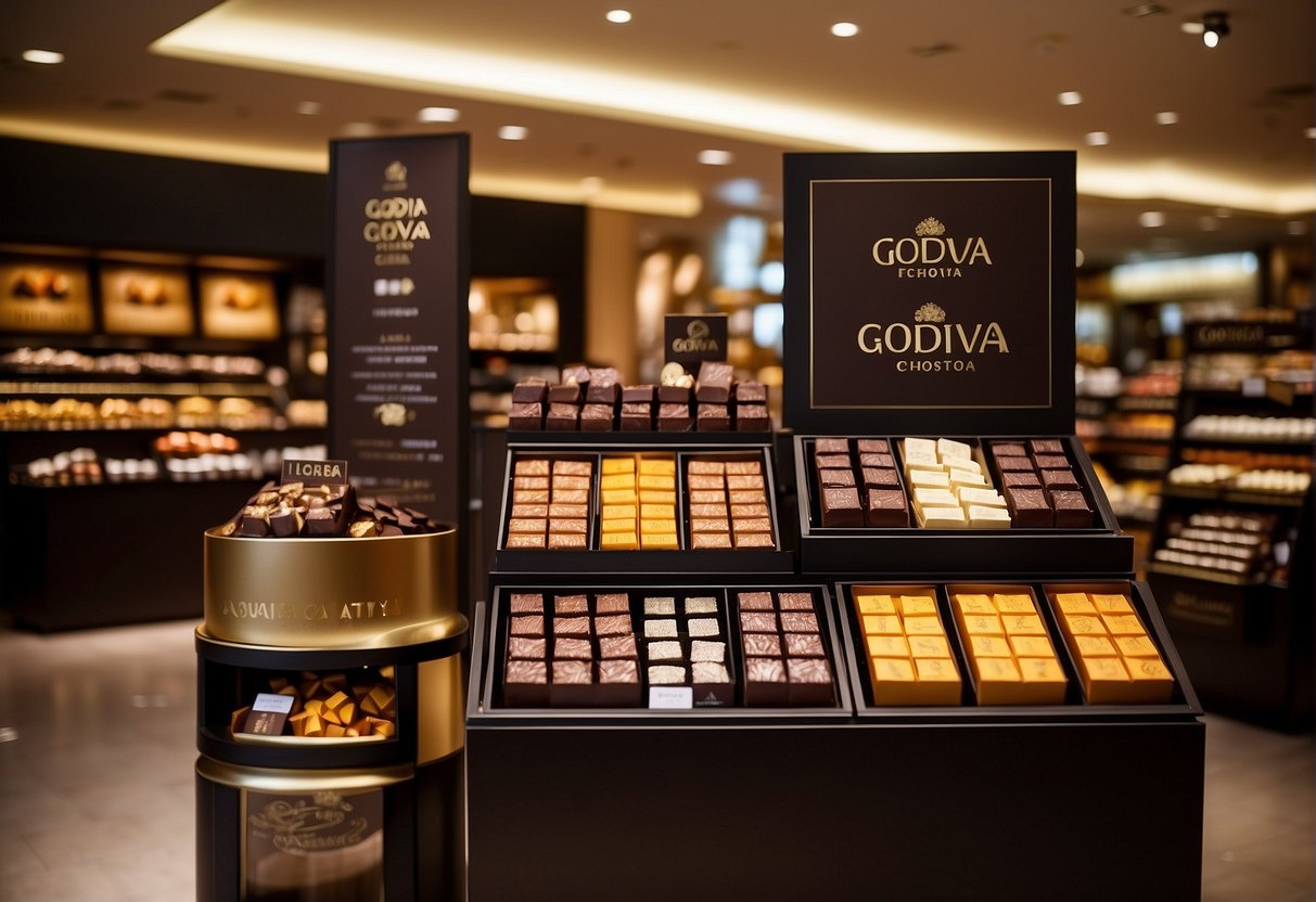 A display of Godiva chocolates with promotional signs in a Singaporean store