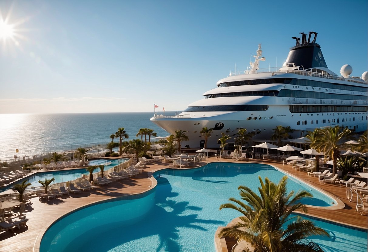 The scene features a luxurious cruise ship with a grand atrium, elegant cabins, and a variety of entertainment options, including a waterslide park and a spa. The ship is sailing through clear blue waters under a bright, sunny sky