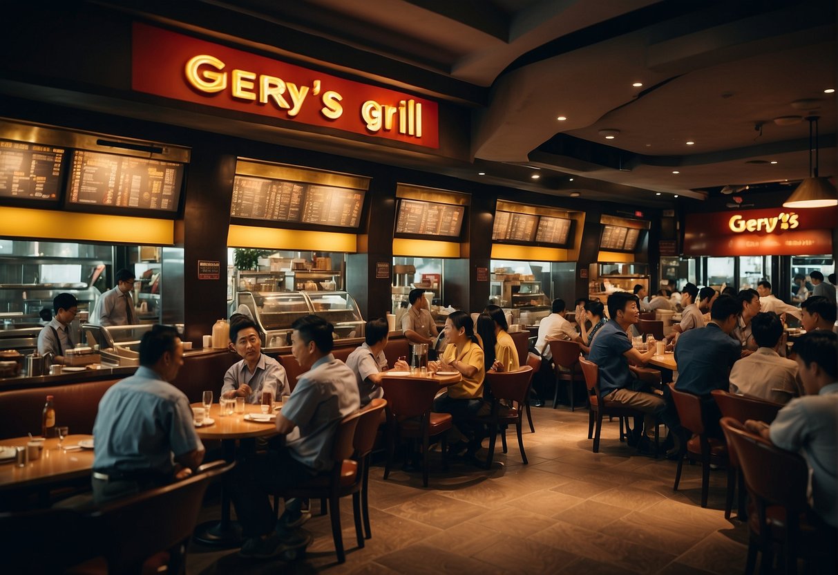 A bustling restaurant with a prominent "Gerry's Grill Promotions" sign, crowded tables, and a busy staff serving customers in Singapore