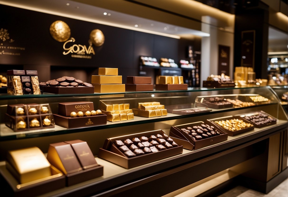 A luxurious display of Godiva chocolates and promotional materials in a bustling Singaporean storefront. Rich colors and elegant packaging catch the eye
