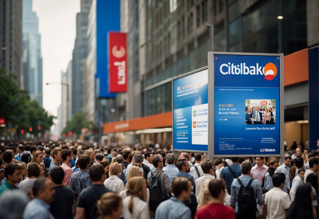 A crowded city street with a prominent Citibank branch, people holding promotional flyers, and a large sign advertising the promotions