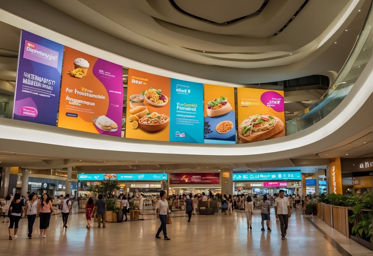Vibrant banners and colorful displays adorn NEX mall, showcasing exciting promotions in Singapore. The lively atmosphere entices shoppers with irresistible deals
