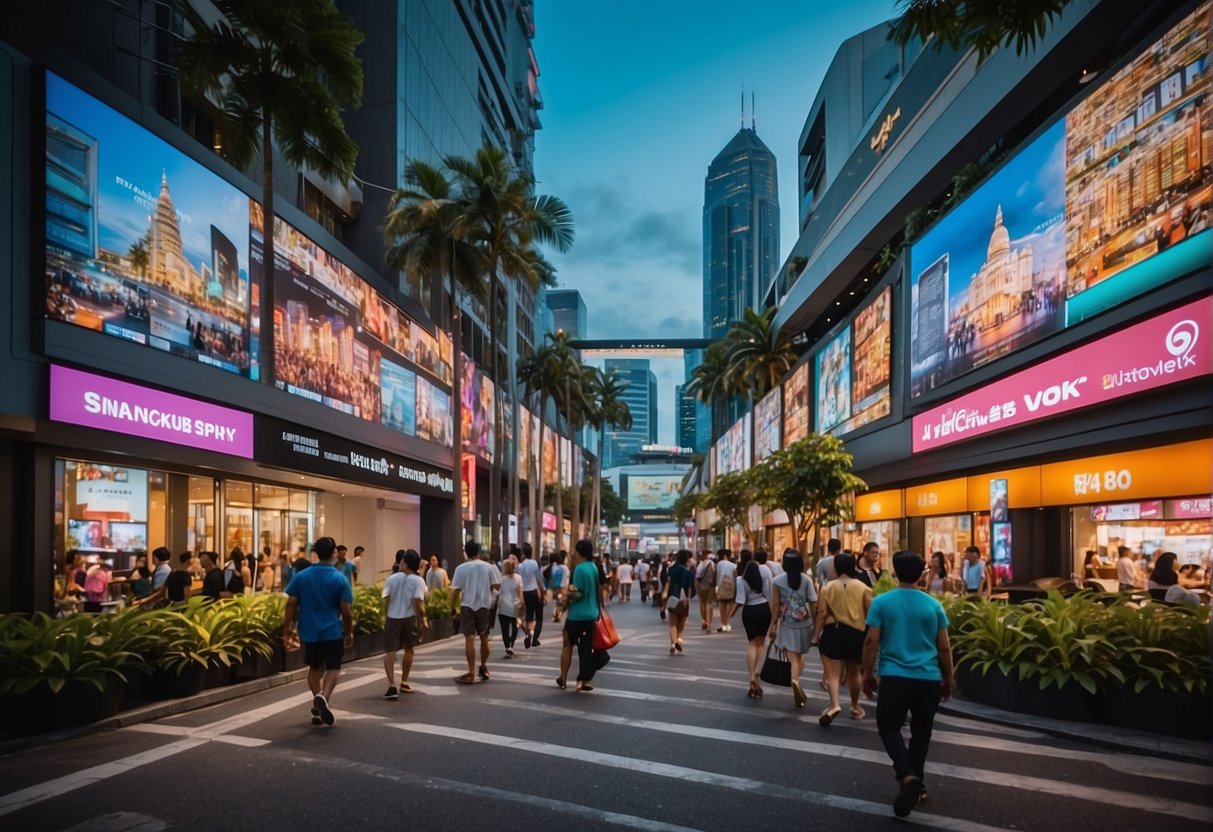 A bustling Singapore street with FashionValet promotions displayed on storefronts and billboards. Bright colors and trendy designs catch the eye of passersby