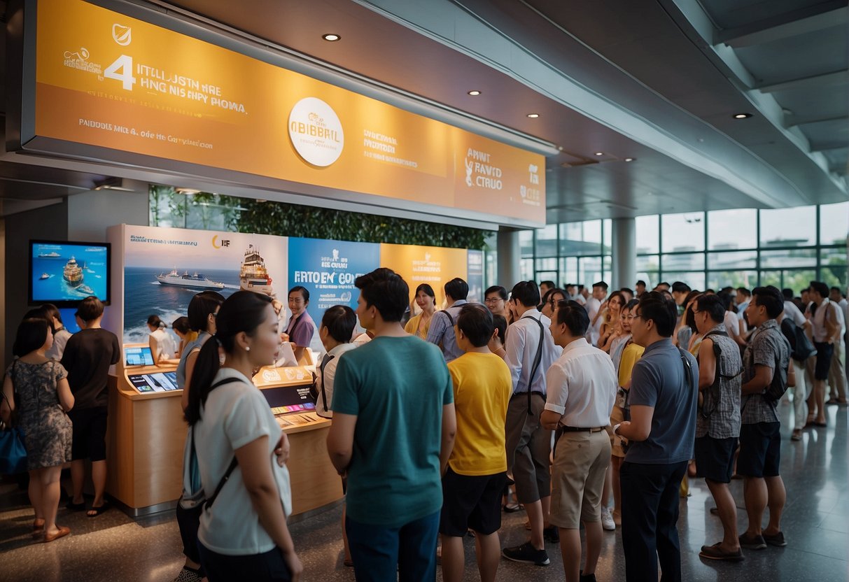 Passengers lining up at a cruise promotion booth in Singapore, with colorful banners and a bustling atmosphere