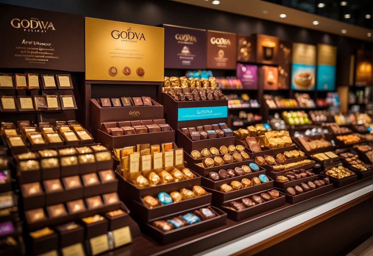 A colorful display of Godiva promotions in Singapore, featuring various products and enticing offers