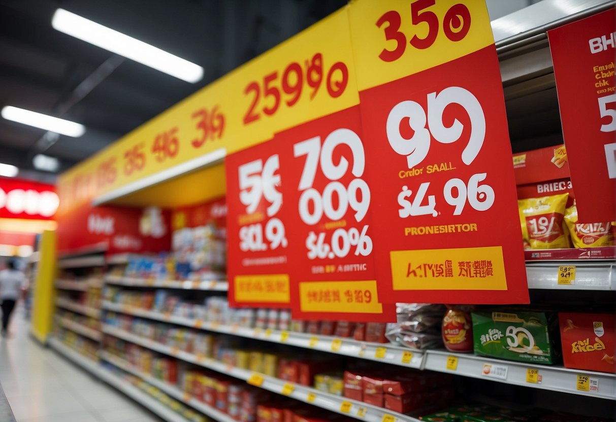 Bright red sale banners hang above shelves of discounted products at NTUC stores in Singapore. Shoppers eagerly grab items with yellow price tags