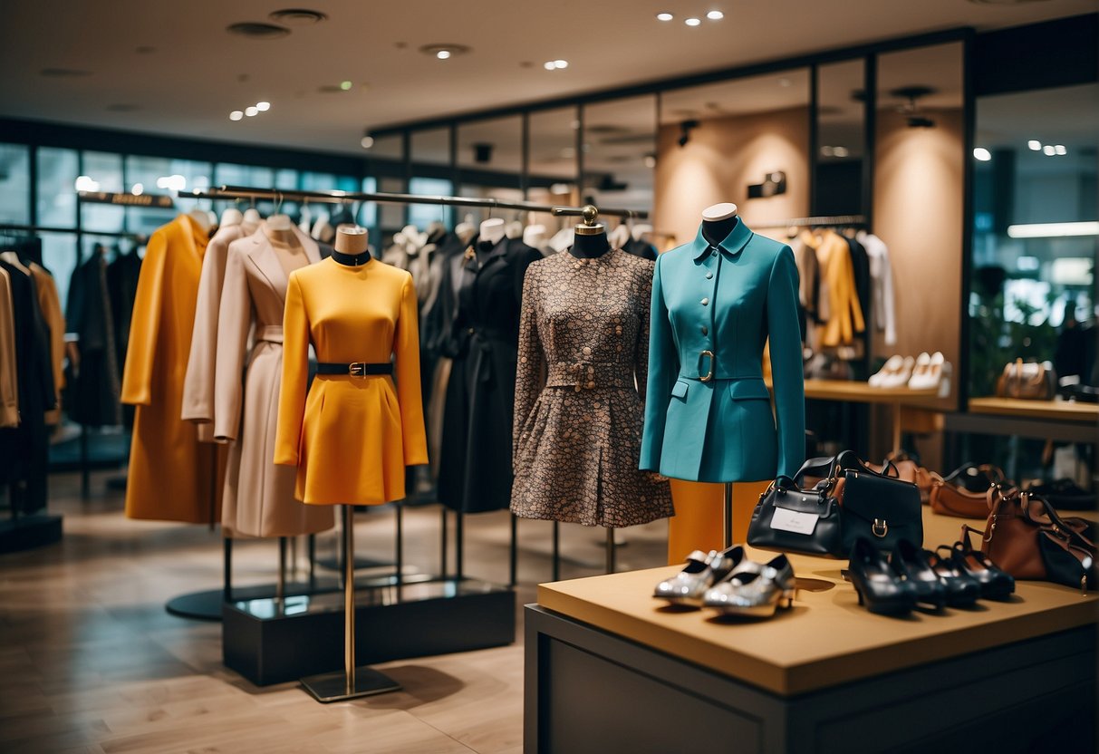 A colorful display of fashion items with promotional signs in a trendy boutique setting in Singapore and Malaysia