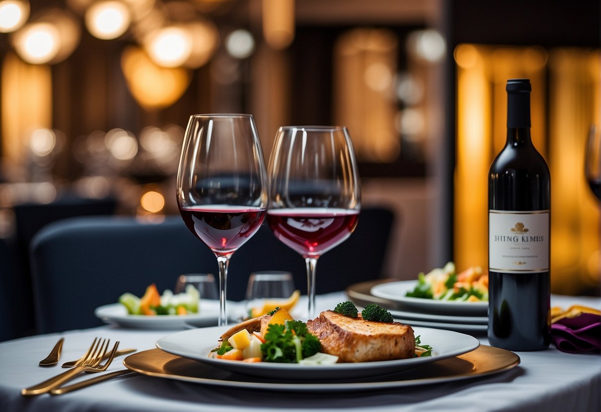A table set with elegant dishes and wine glasses, surrounded by a luxurious atmosphere with a banner promoting exclusive dining deals in Singapore
