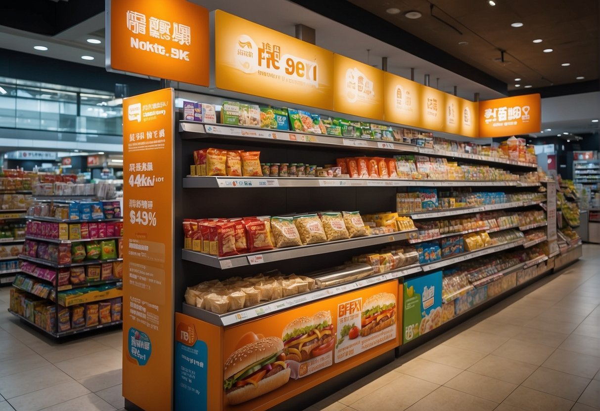 A colorful display of NTUC promotions in Singapore, featuring various products and discounts, with eye-catching signage and vibrant marketing materials